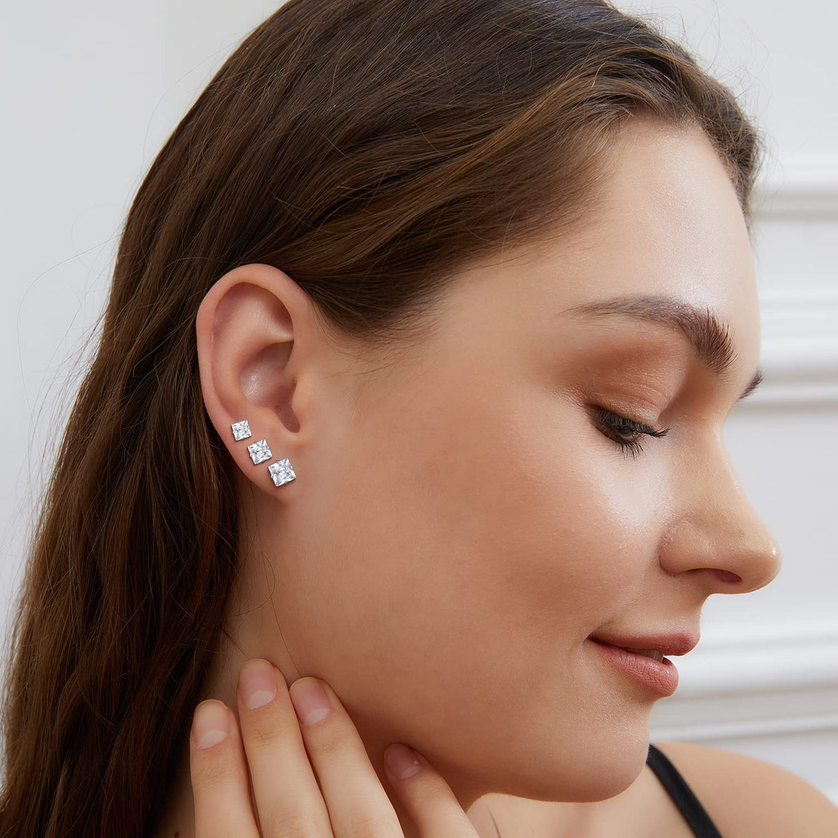 6 Pairs Screw Back Titanium Surgical Stainless Steel Round Square Princess Cut CZ Earrings For Women Men Hypoallergenic Cubic Zirconia Earrings (White Gold Plated)
