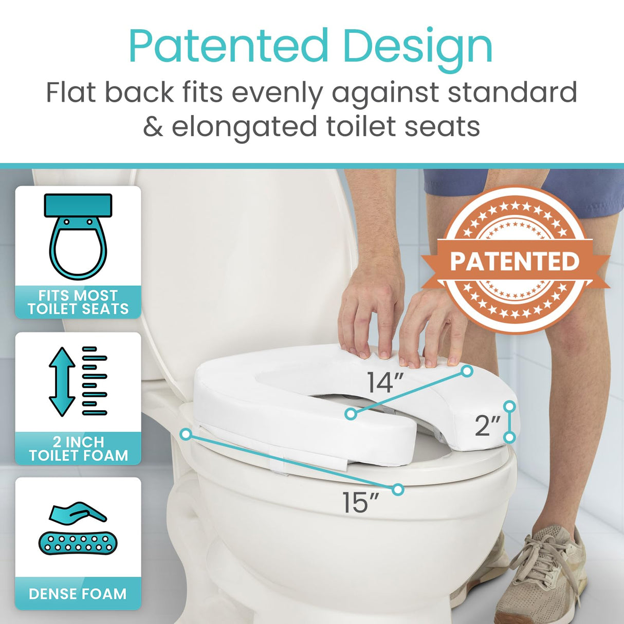 Vive Toilet Seat Riser for Seniors - Universal Fit - Raised Toilet Seat Cushion with High-Density Foam for Elongated & Standard - Firm Handle, Cushioned & Padded - Elevated Medical Handicap Lifter