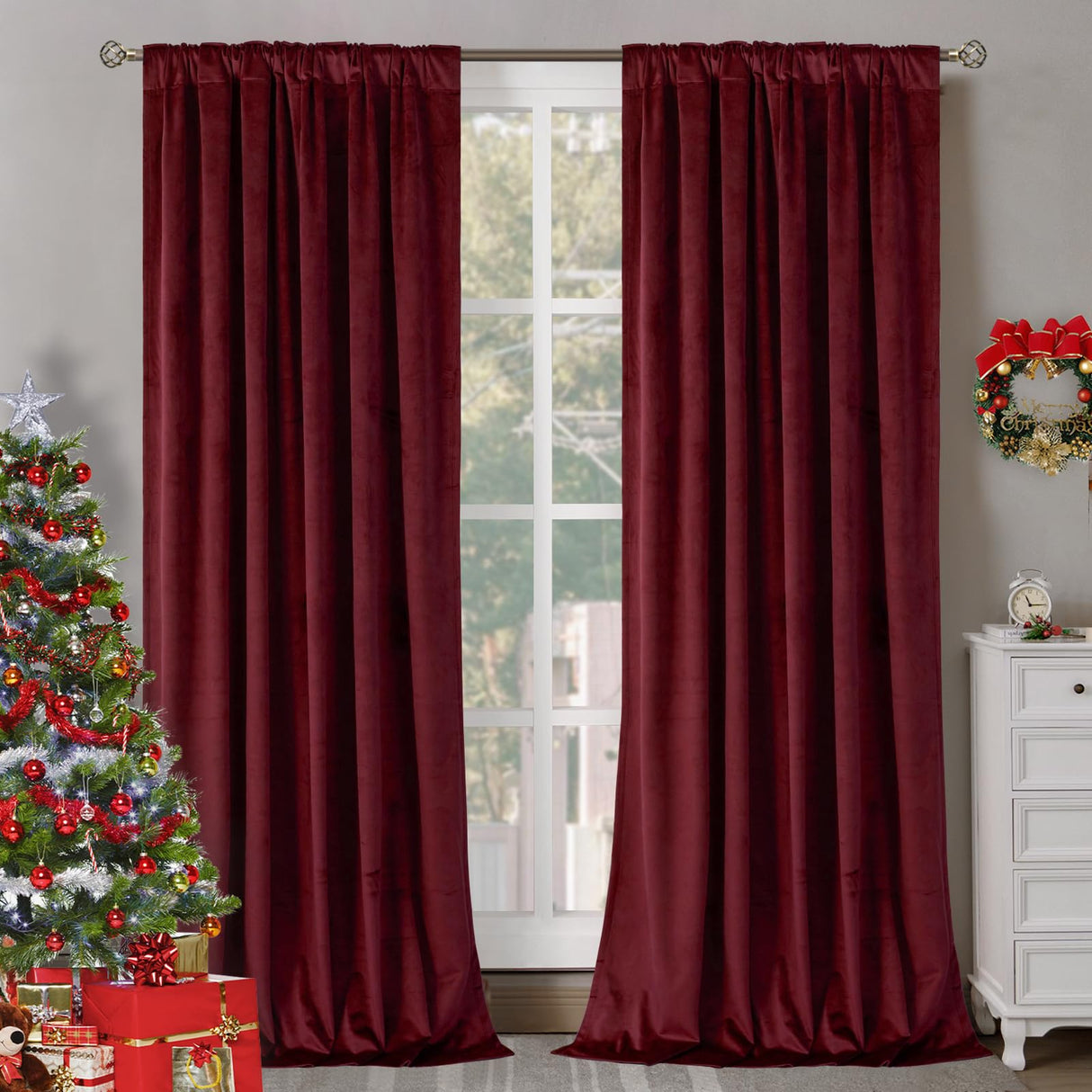 BGment Red Velvet Curtains 84 Inch for Bedroom, Thick Thermal Insulated Blackout Curtains Noise Reduce Back Tab and Rod Pocket Christmas Panels for Living Room, Set of 2 Panels, 52 x 84 Inch