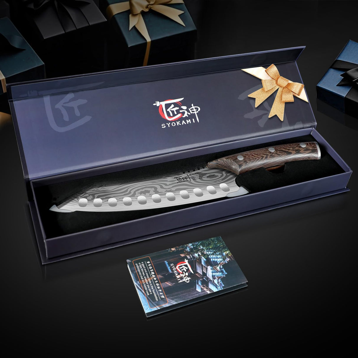 SYOKAMI Japanese Kitchen Knife, 8.2 Inch Chef Knife, Carbon Steel Kiritsuke, Razor Sharp Santoku for Precision Cutting, Damascus Pattern, Full Tang Wood Handle,Thanksgiving Christmas Cooking Gifts