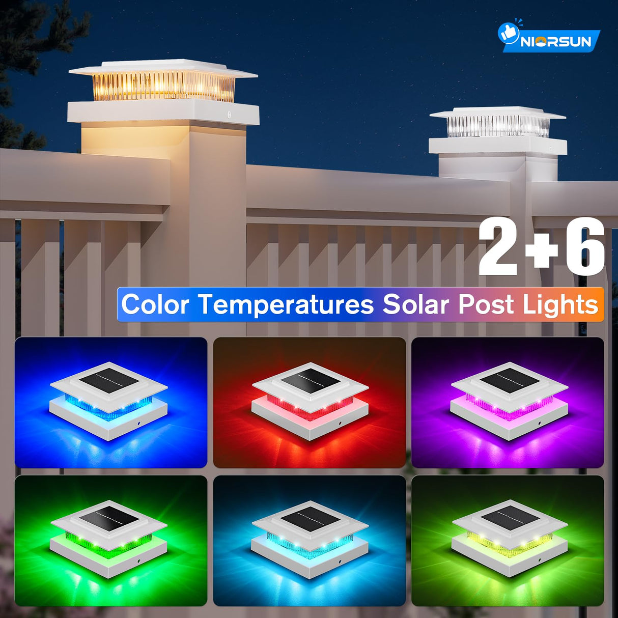NIORSUN Solar Post Cap Lights Outdoor Waterproof, 4x4 Post Solar Lights RGB Color Changing, Fence Posts Solars Light for Deck Patio Garden Deco, 4x4 Posts Caps Wood Vinyl, 5x5 Vinyl, 12 Pack (White)