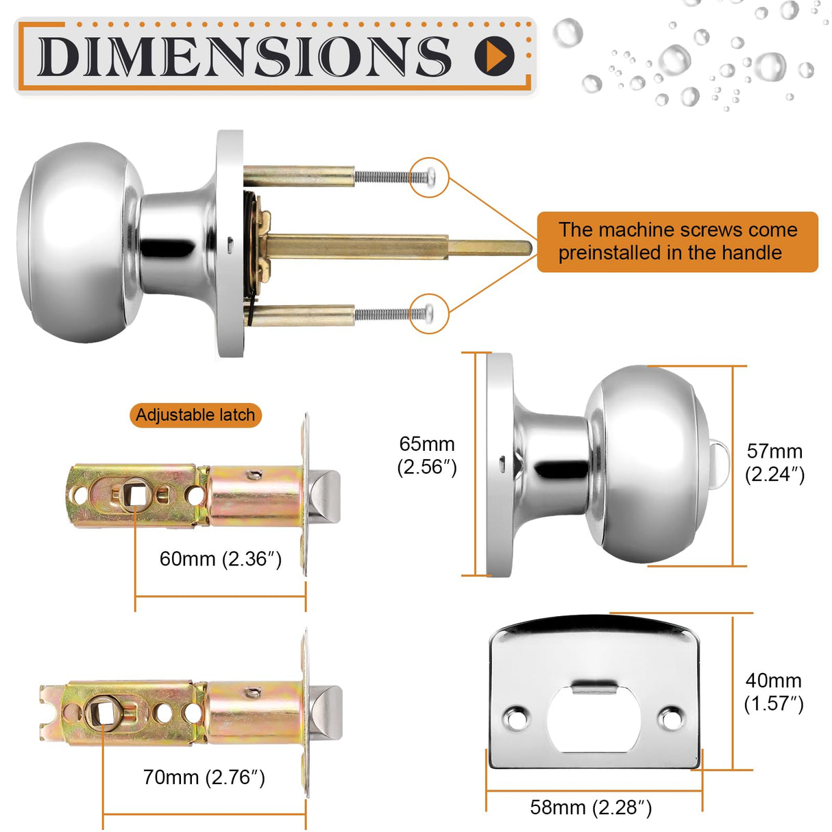 Probrico Polished Chrome Privacy Door Knob, Interior Door Lock for Bathroom Bedroom, Keyless Round Ball Knob Handle, Thumb-Turn Locking, 1 Pack