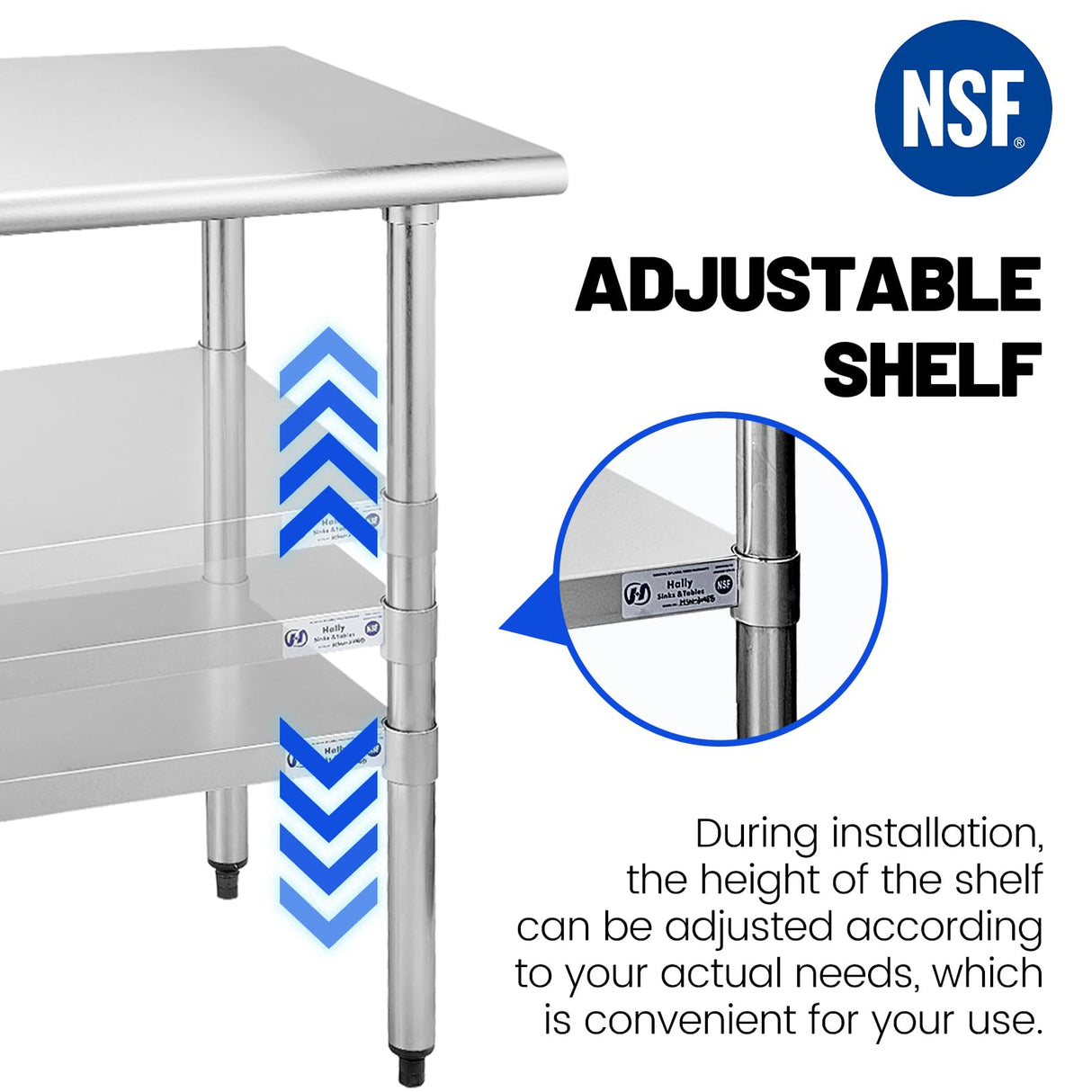 Hally Stainless Steel Table for Prep & Work 18 x 72 Inches, NSF Commercial Heavy Duty Table with Undershelf and Galvanized Legs for Restaurant, Home and Hotel