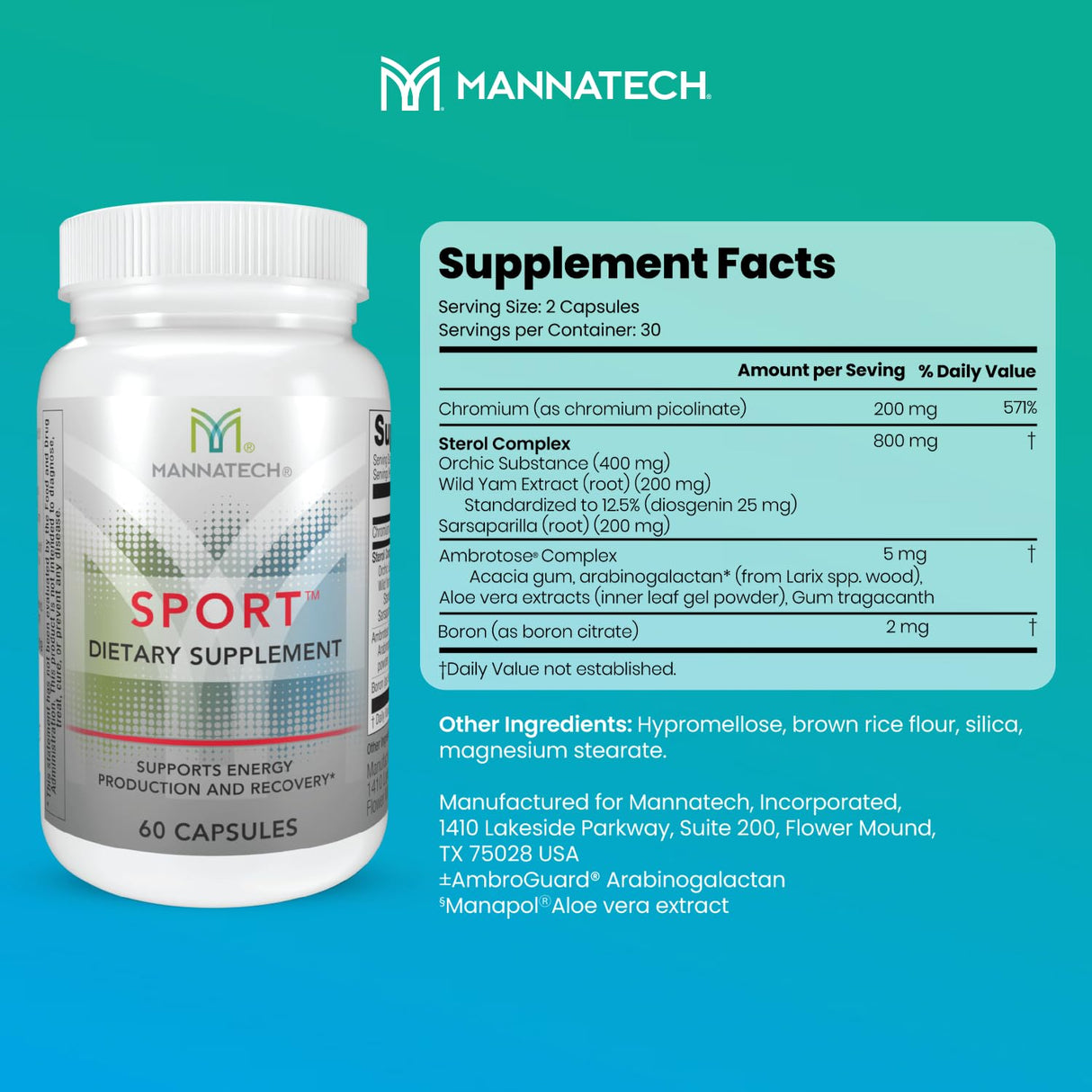 Mannatech Sport Supports Energy, Production & Recovery. During & After Workout Vitamins Formulated with Boron, Chromium & Natural Herbs 60 Capsules