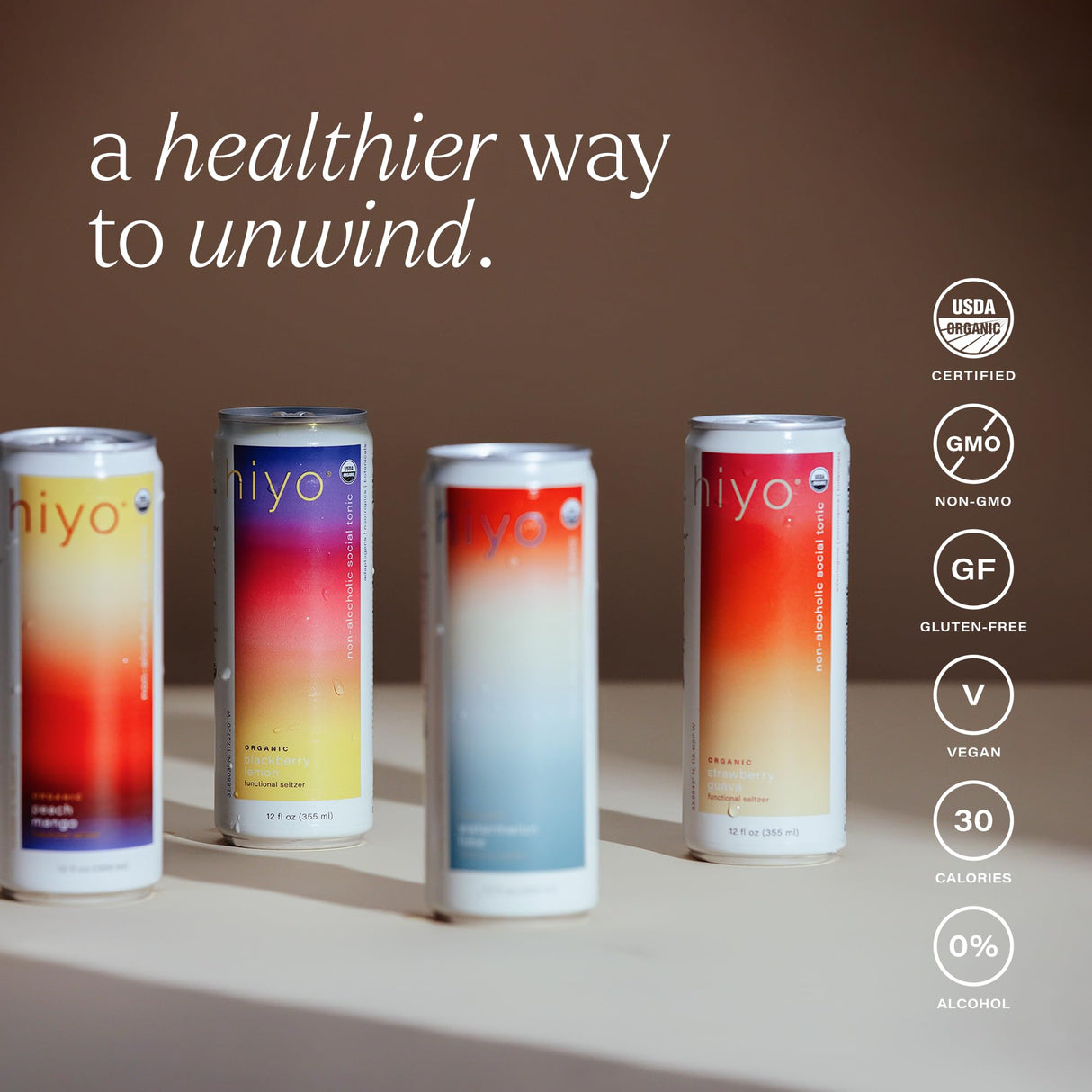 Hiyo Organic Social Tonic – Variety Pack, 12 Pack - N.A. Functional Seltzer, Sparkling Water Crafted with Organic Adaptogens, Nootropics & Botanicals