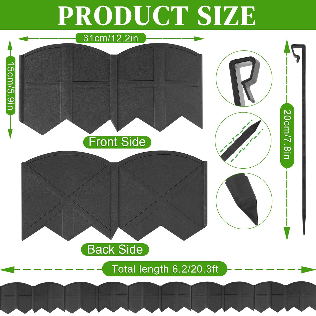 6 Inch Tall 20Ft Black Garden Edging Border with 7.8In Height Stakes,20Pcs