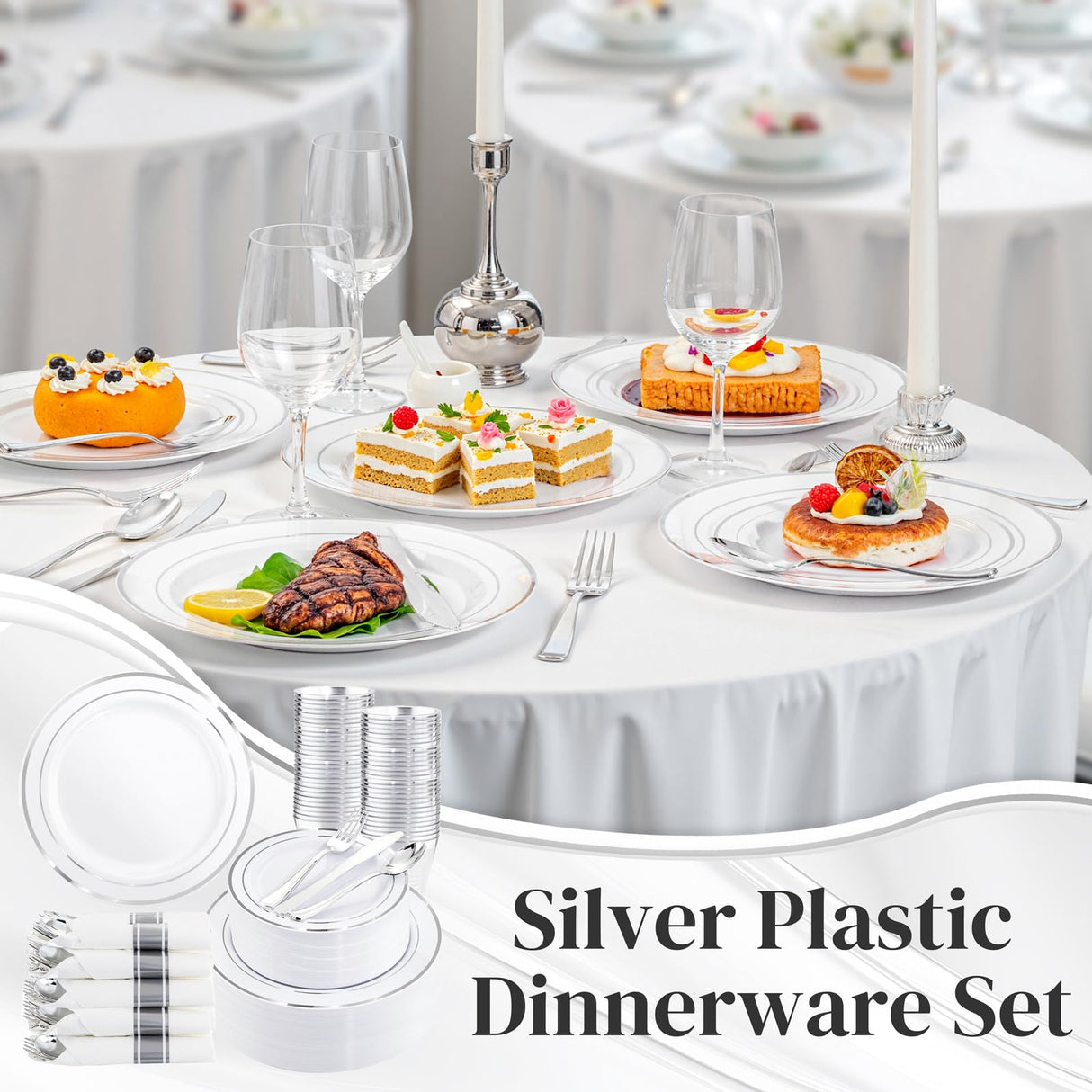 WDF Partyware 350Piece Silver Plastic Dinnerware Set for 50 Guests - Silver Plastic Plates with Cutlery Include:50Dinner Plates-50Dessert Plates-50Pre Rolled Napkins with Silverware for Christmas