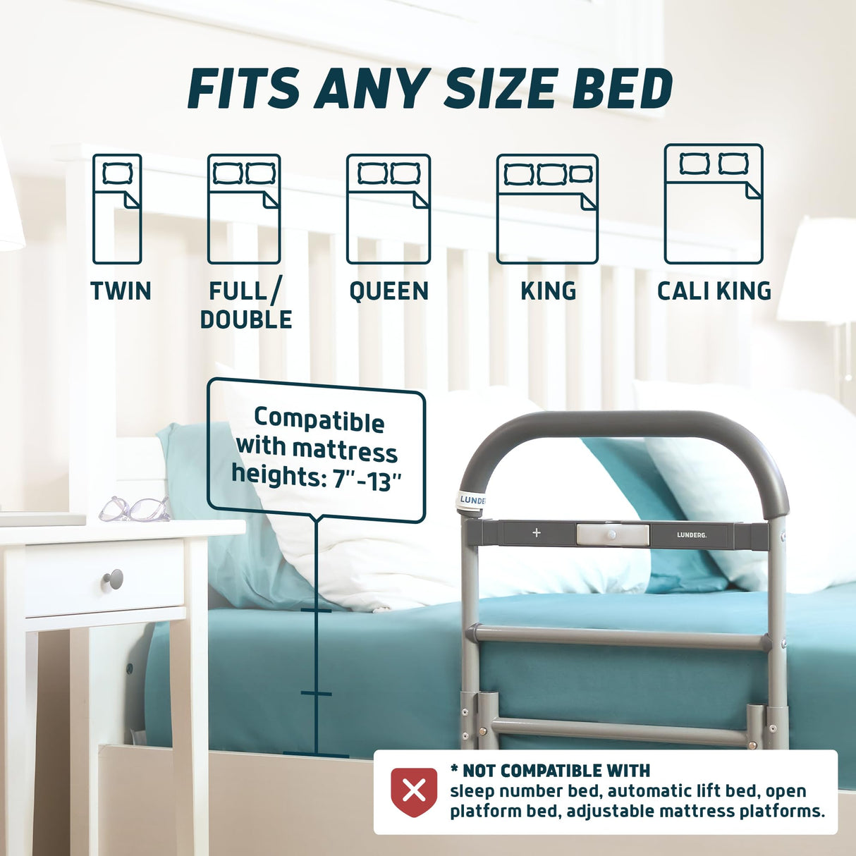 Lunderg Bed Rails for Elderly Adults Safety - Large - with Motion Light & Non-Slip Handle - Bed Railings for Seniors & Surgery Patients - The Cane Fits Any Bed & Makes Getting in & Out of Bed Easier