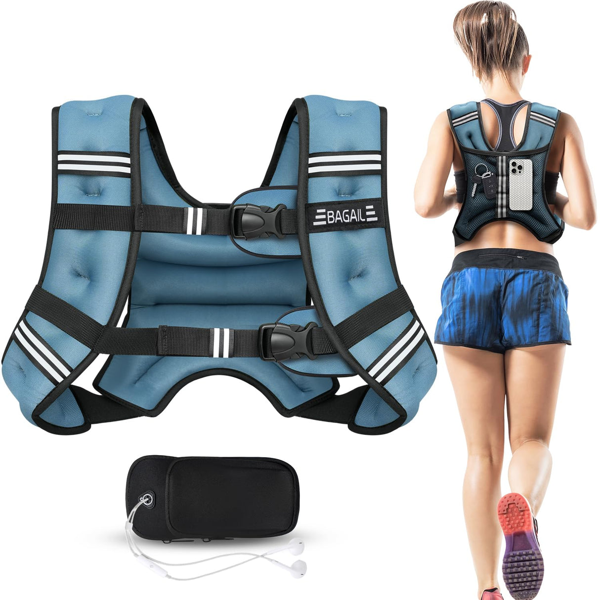 BAGAIL Weighted Vest, 5lbs/10lbs/12lbs/15lbs/20lbs/25lbs/30lbs Weight Vest with Detachable Phone Pouch, Rucking Vest for Women, Men, Walking, Weight Loss, Training, Running