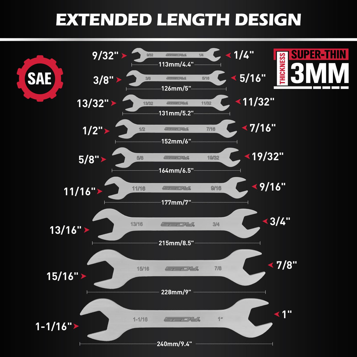 19-Piece Super Thin Open-End Wrench Set, SAE 1/4"-1-1/16" & Metric 5.5–27 mm, 3 mm Thickness Slim Wrench Set for Tight Spaces, Nickel Plated Flat Wrenches with Red & Blue Rolling Storage Pouches