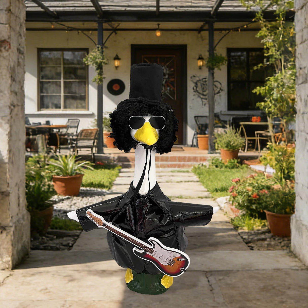 JarThenaAMCS Rock and Roll Porch Goose Outfit Set 80s 90s Hip Hop Goose Costume Dresses Clothes with Guitar Sunglasses Wig Hat Fits 23'' for Yard Lawn Outdoor Garden Decor