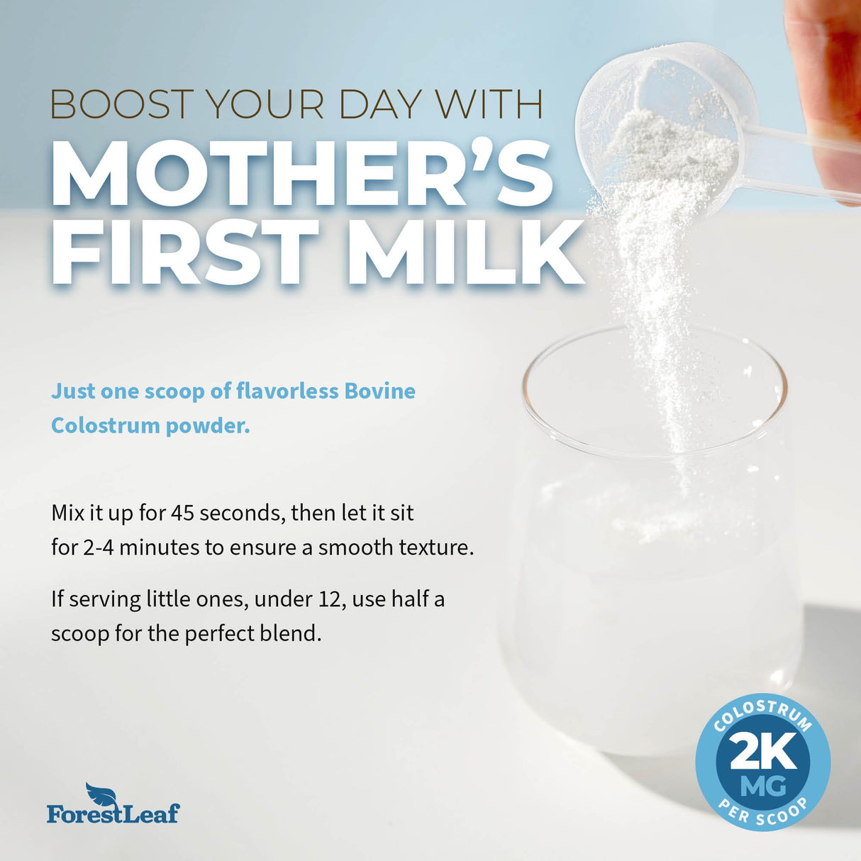 ForestLeaf Colostrum Powder 50% IgG Highest Pure Concentration, Grass Fed Colostrum Supplement for Gut Health, Immune Support and Muscle Recovery, Bovine Colostrum for Humans, Unflavored, 45 Servings