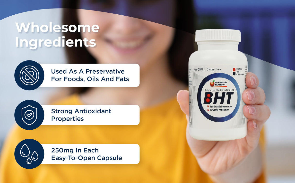 Wholesale Nutrition BHT 250mg - 500 Capsules - Potent Antioxidant Support as Butylated Hydroxytoluene, Food Grade Preservative, Non-GMO, Gluten-Free