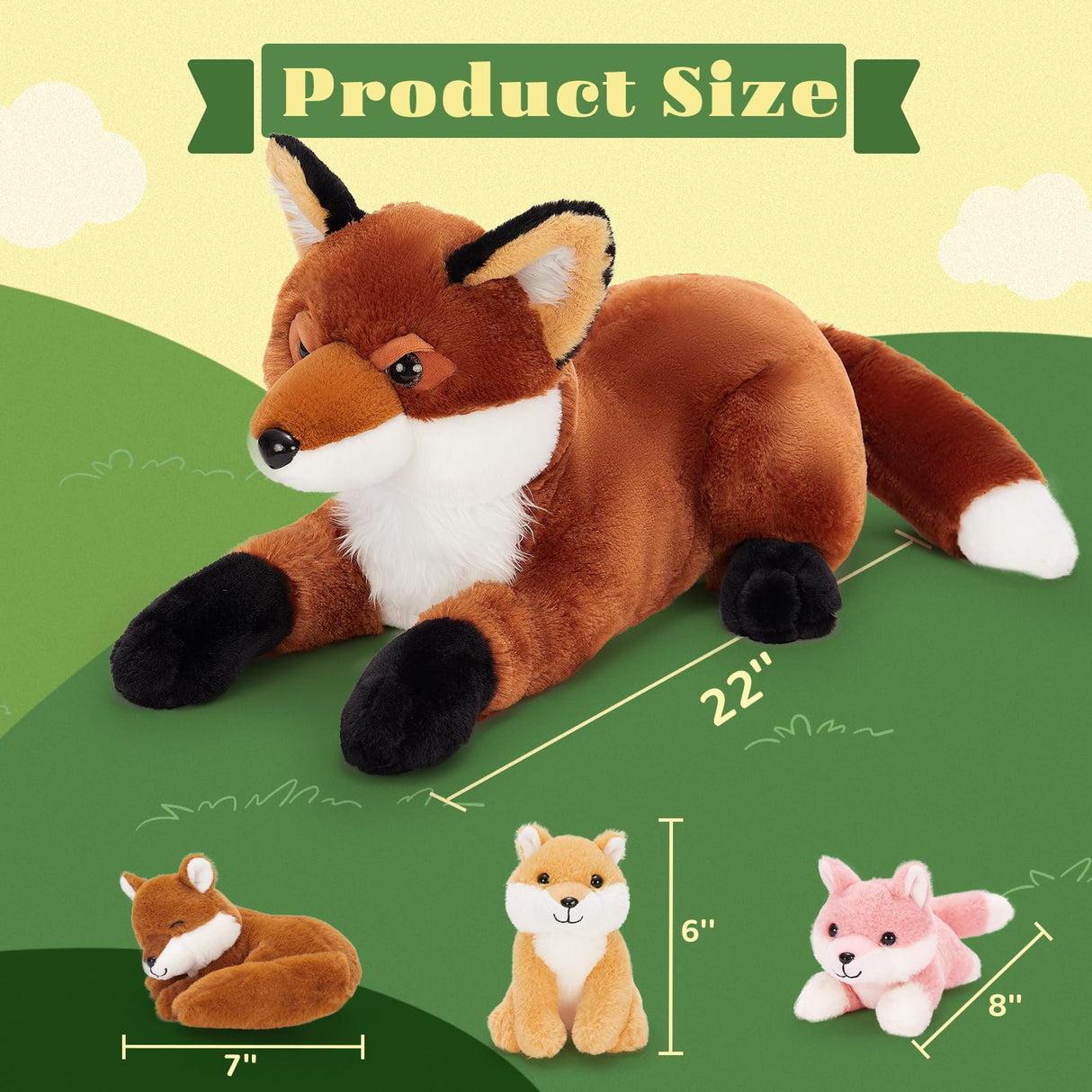 BENINY 4Pcs Fox Stuffed Animal Set, Large Mommy Red Fox Plush 22 Inch with 3 Baby Foxes in Her Zippered Tummy, Christmas Plushie Toy Gift for Girls and Kids