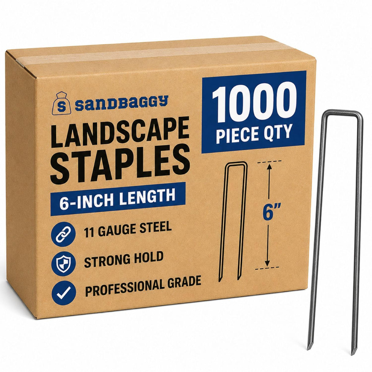 Sandbaggy 6 Inch Landscape Staples, 1,000 Pack 11 Gauge Heavy Duty Steel Garden Staples, Square Top U Pins for Weed Barrier Fabric, Sod, Turf, Netting and Drip Irrigation Tubing