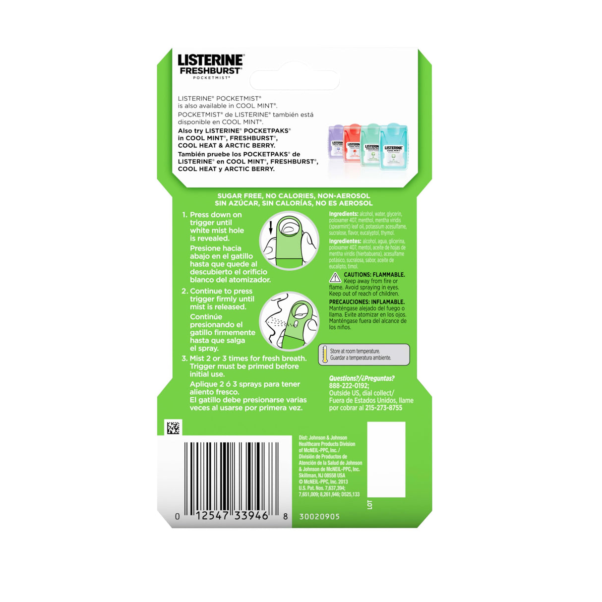 Listerine Freshburst Pocketmist Fresh Breath Oral Care Mist, Non-Aerosol Sugar-Free Minty Breath Refresher Spray to Kill 99% of Bad Breath Germs, Portable, Spearmint Flavor, 7.7 mL, 6 Sprays