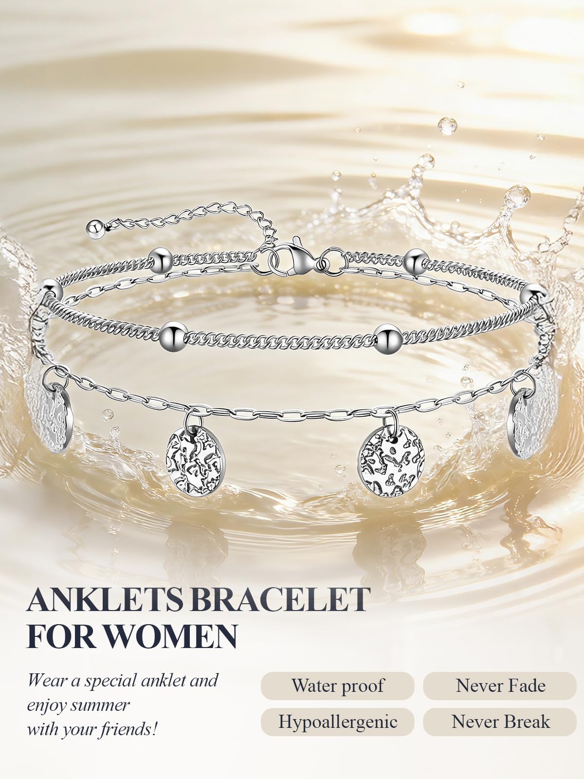 U7 Silver Anklets for Women Lightweight, Stainless Steel Ankle Bracelets Silver Layered Chain Anklet for Women Waterproof