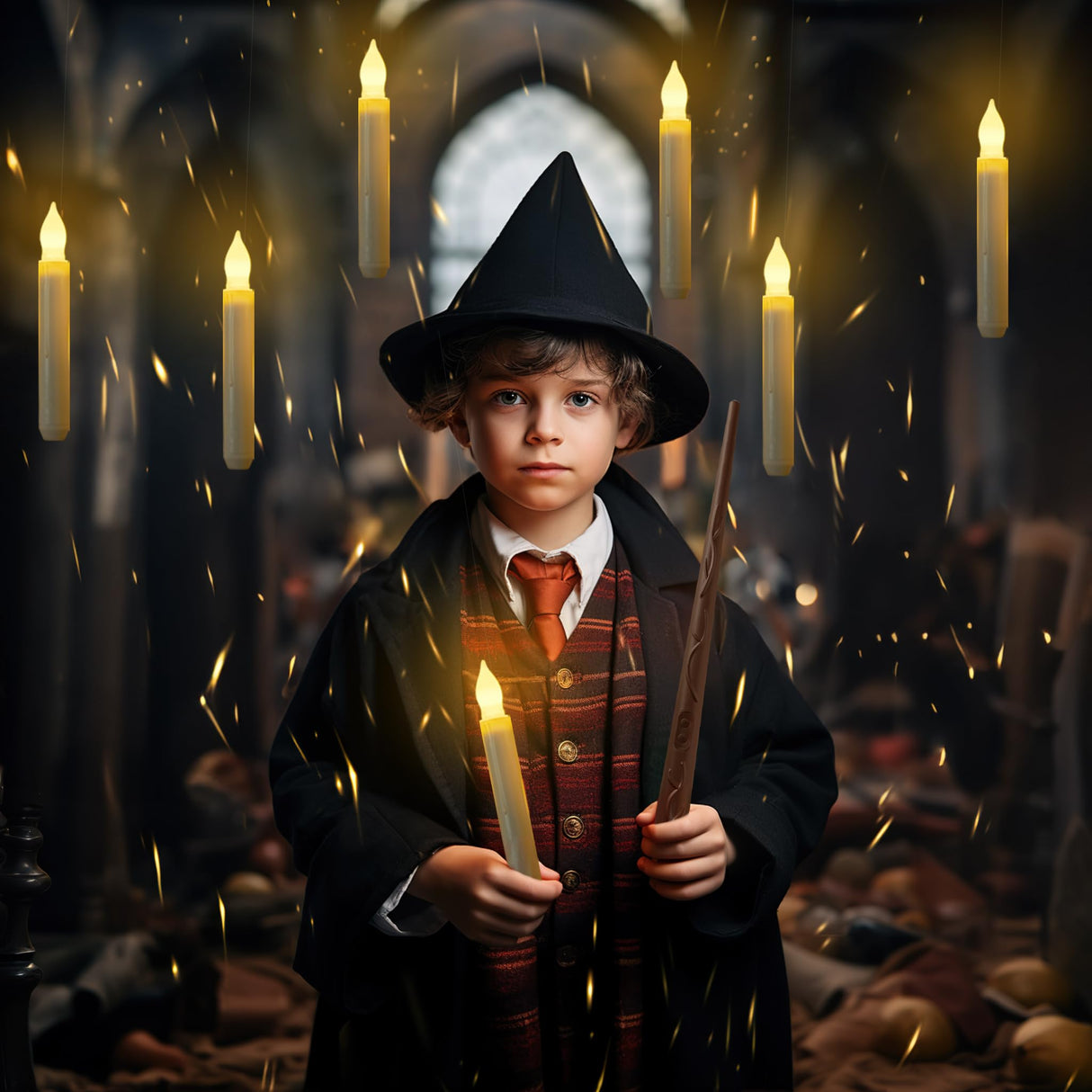 Homemory Hanging Floating Candles with Wand Remote and String, 12 Pcs Flying Flameless LED Taper Candles Warm White Light, Battery Operated Window Candles with Wand for Halloween Christmas Party