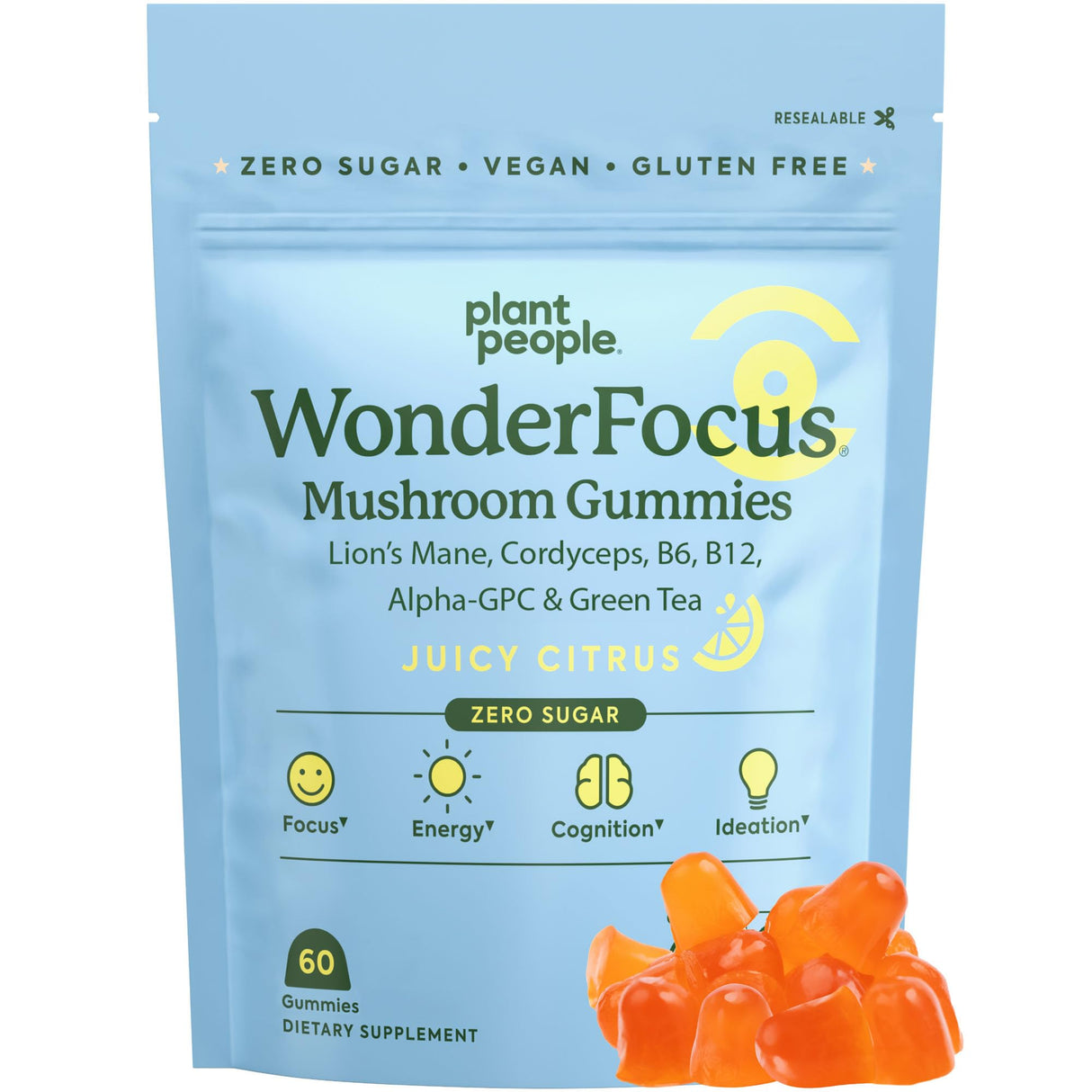 Plant People WonderFocus Mushroom Gummies with Lion’s Mane & Cordyceps - Nootropic Brain Supplement Boosts Memory, Focus, Energy & Mood in Adults | No Sugar, 100% Vegan, Citrus Flavor, 60 Count