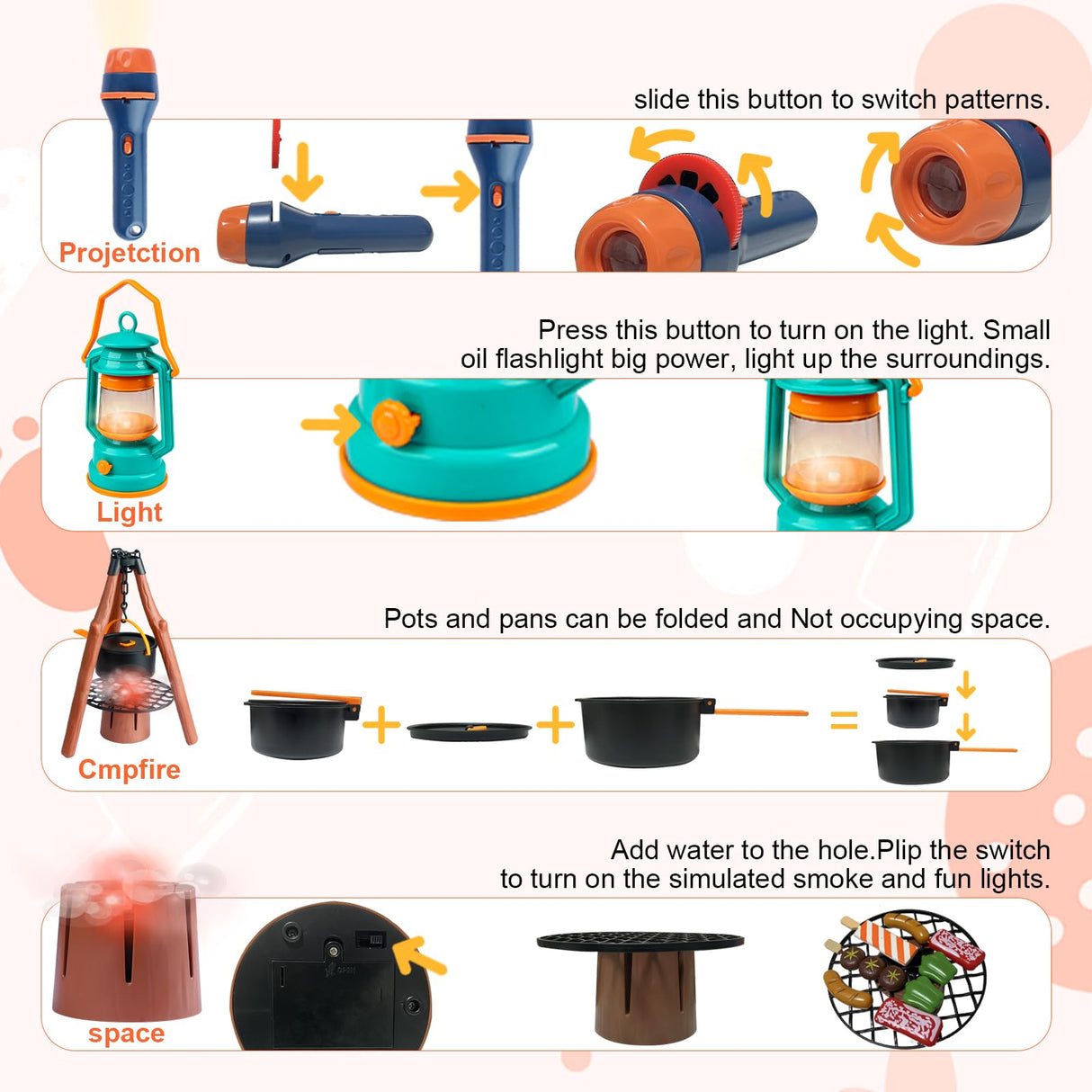 Qtioucp Kids Camping Set 50pcs with Tent & Space Projector Flashlight- Outdoor Campfire Toy Set for Toddlers Kids - Pretend Play Camp Gear Tools for Birthday Christmas