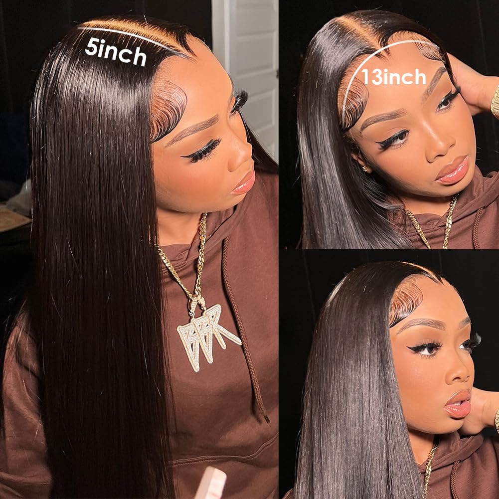 Iris Queen 28 Inch Straight HD Lace Front Wigs Human Hair Pre Plucked 12A 180 Density 13x4 Transparent Lace Frontal Wig with Baby Hair Natural Black for Women