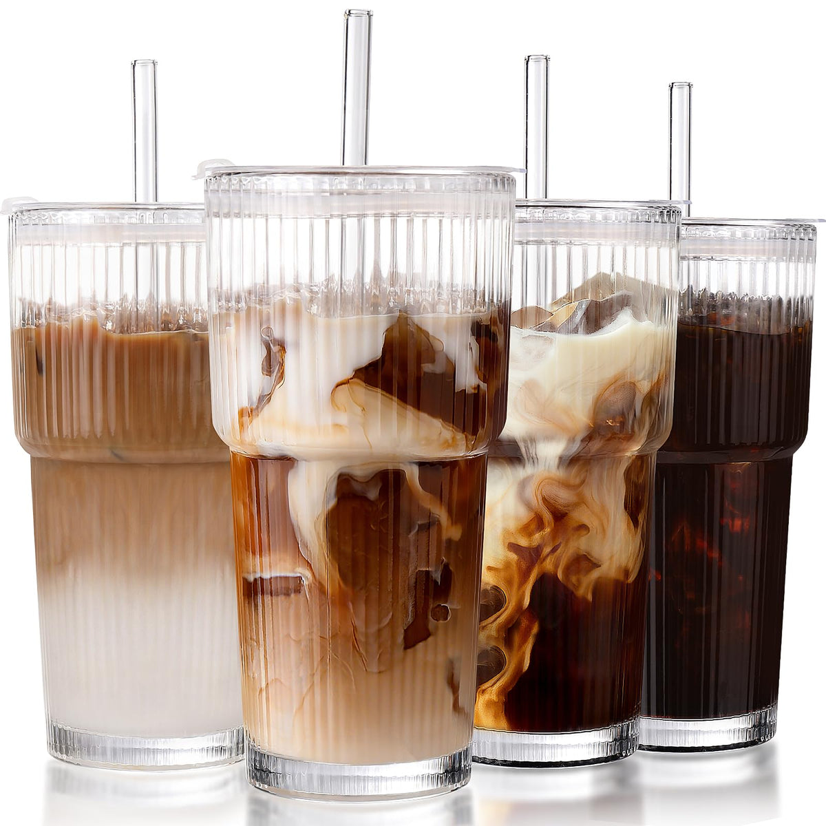 Iced Coffee Cups with Lids,Glass Cups with Lids and Straws,4 Coffee Tumbler