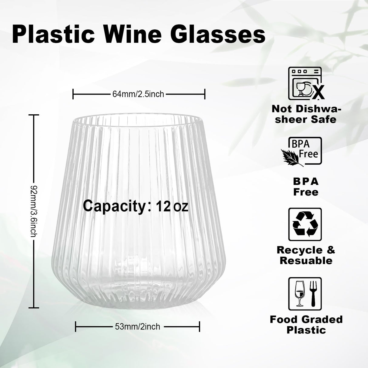 BESTSTAR 36 Pcs 12 oz Plastic Ribbed Wine Glasses, Reusable Champagne Glasses Elegant Whiskey Glasses Ideal for Weddings, Bars, Christmas, Halloween,Holidays,pool party,Daily Use