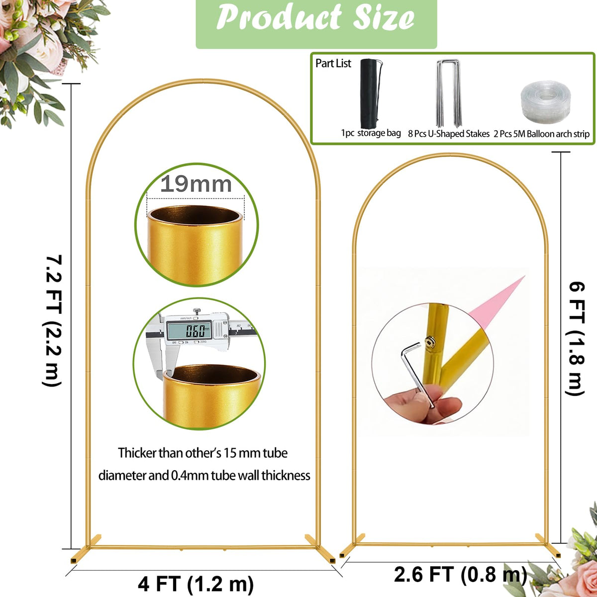 2 Pack Metal Arch Backdrop Stand 7.2FT, 6FT Wedding Balloon Floral Frame