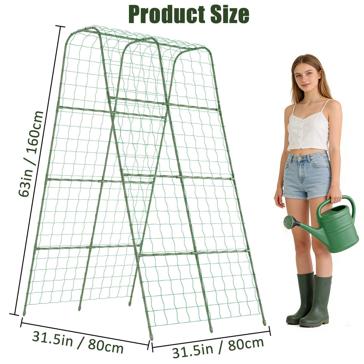 Miory Cucumber Trellis for Raised Bed, Garden Arch Trellis for Climbing Plants Outdoor, Steel with Plastic Coated Plant Support for Vines with Plastic Connector Nylon Netting (32" Lx32 Wx63 H)