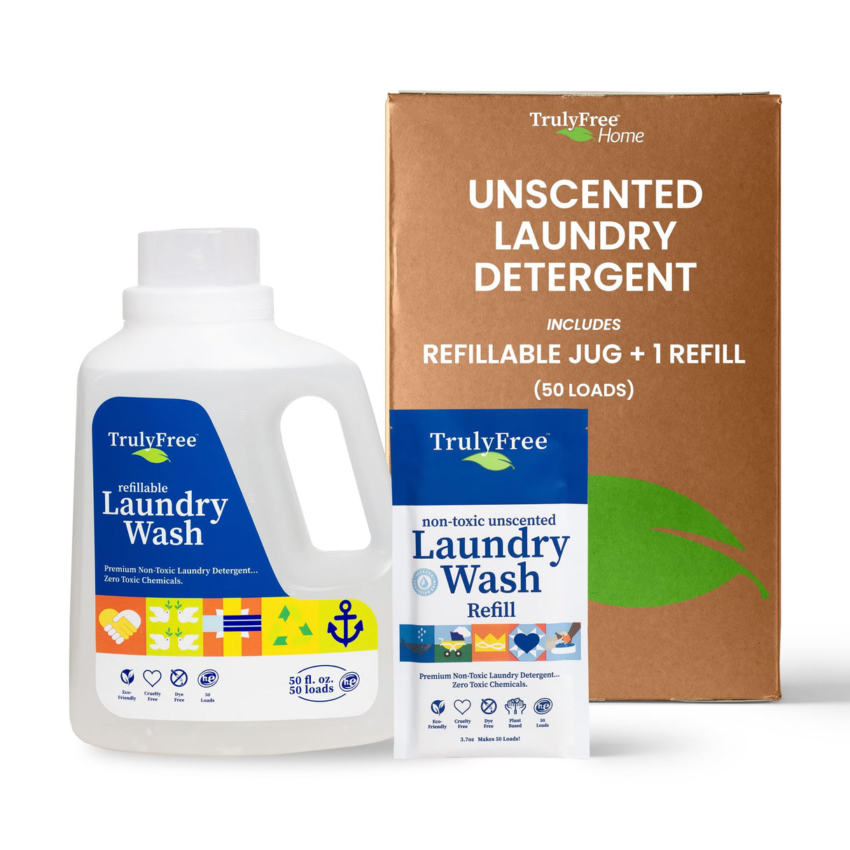 Truly Free Laundry Wash Detergent for Sensitive Skin, Gentle & Safe for Baby Clothes | Plant-Based, Natural Ingredients | Unscented | Include 1 Refillable Bottle (50 Loads)