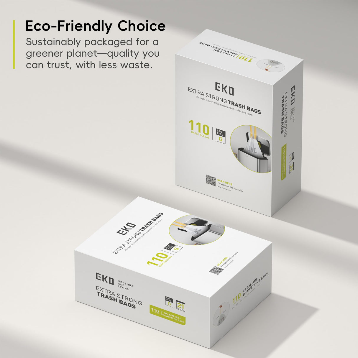 EKO Extra Strong 21 Gallon Large Trash Bags, Heavy-Duty Drawstring Kitchen & Household Garbage Bags (80L), Leak-Resistant, 110 Count, Code G