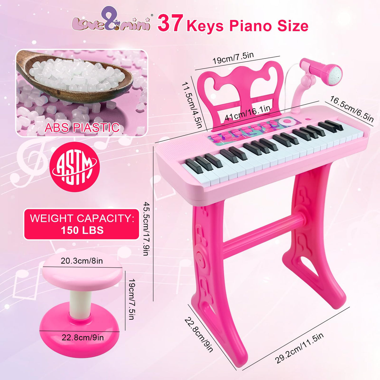 Love&Mini Kids Keyboard Toys for Girls - 37 Keys Pianos Toy with Stool and Microphone Pink Electronic Musical Instrument, Christmas Birthday Gift for Kids 3 4 5 6 7 8 Years Old Boy and Girl