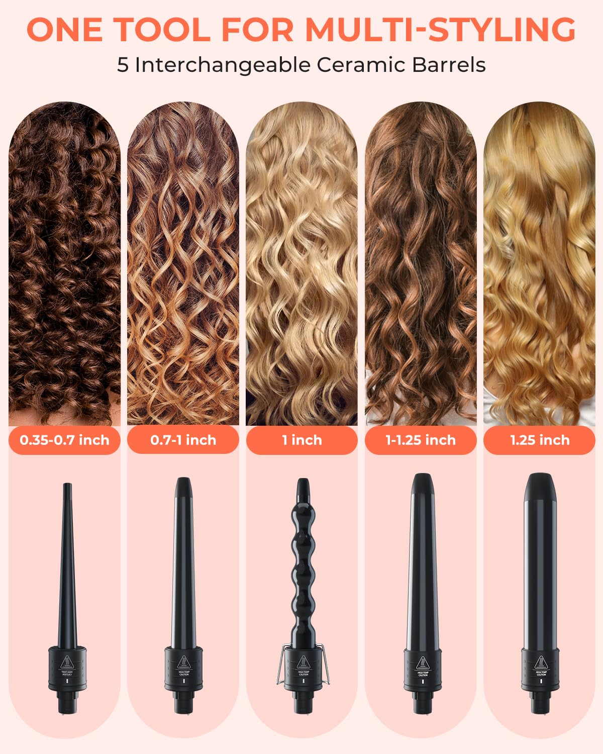 5 in 1 Curling Wand Set: Ohuhu Curling Iron Wand 5Pcs 0.35 to 1.25 Inch Interchangeable Ceramic Barrel Heat Protective Glove 2 Clips Dual Voltage Hair Curler for Girl Women Mother Christmas Gift Black