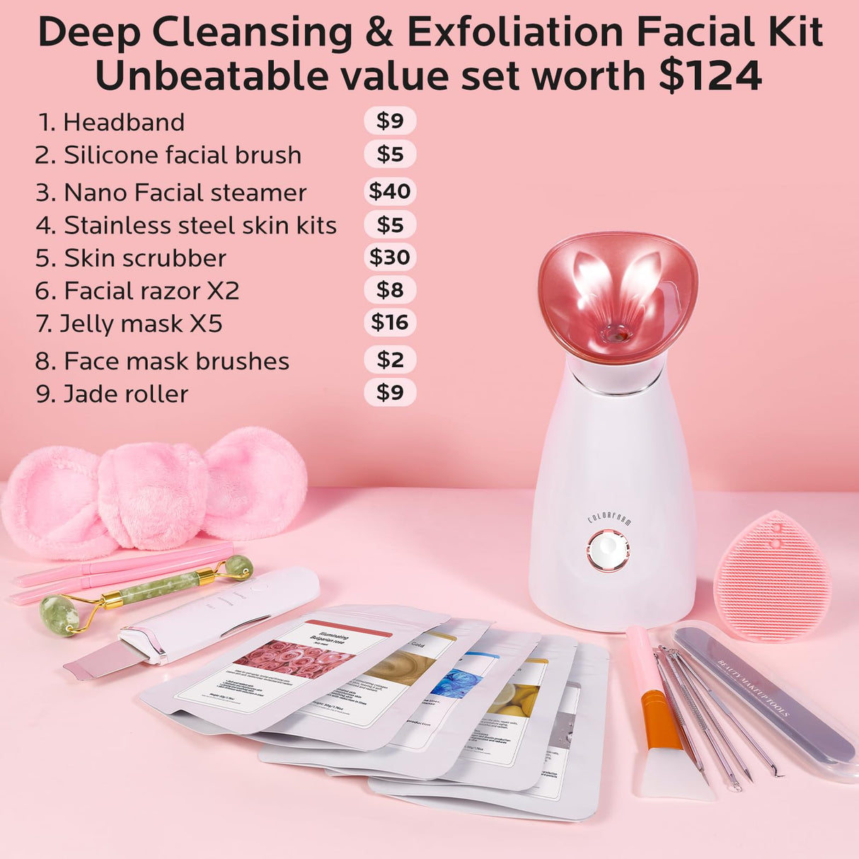 Colorfarm Facial Steamer Nano Ionic: Face Steamer Home Spa Kit Deep Cleaning Unclogs Pores Sinuses Inhaler with 8 Skin Care Tools - Self Care Gifts for Women (Deep Cleansing Facial Kit)