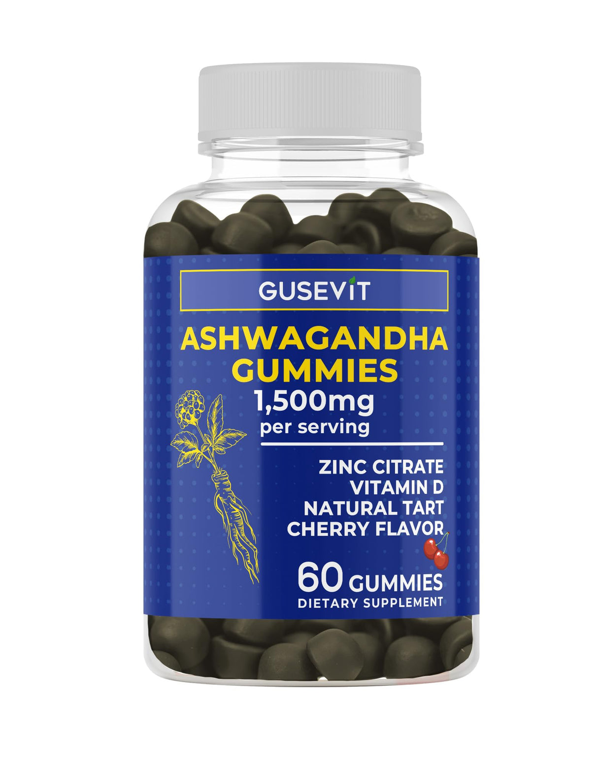 GUSEVIT Ashwagandha Gummies 1,500mg with Vitamin D & Zinc | Vegan Ashwaghandha Supplement for Mood & Immune Support, Focus & Relaxation | Gluten-Free, Non-GMO | Cherry Flavor, 60 Ct