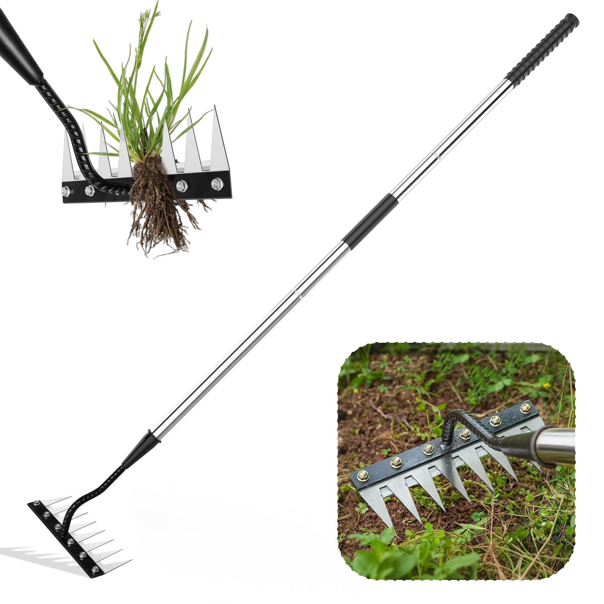 Iron Weeding Rake with Long Handle 2.0, Upgraded 8 Teeths Garden Weed Puller Tool Heavy Duty Gardening Tool for Lawn, Flower Beds & Soil Aeration