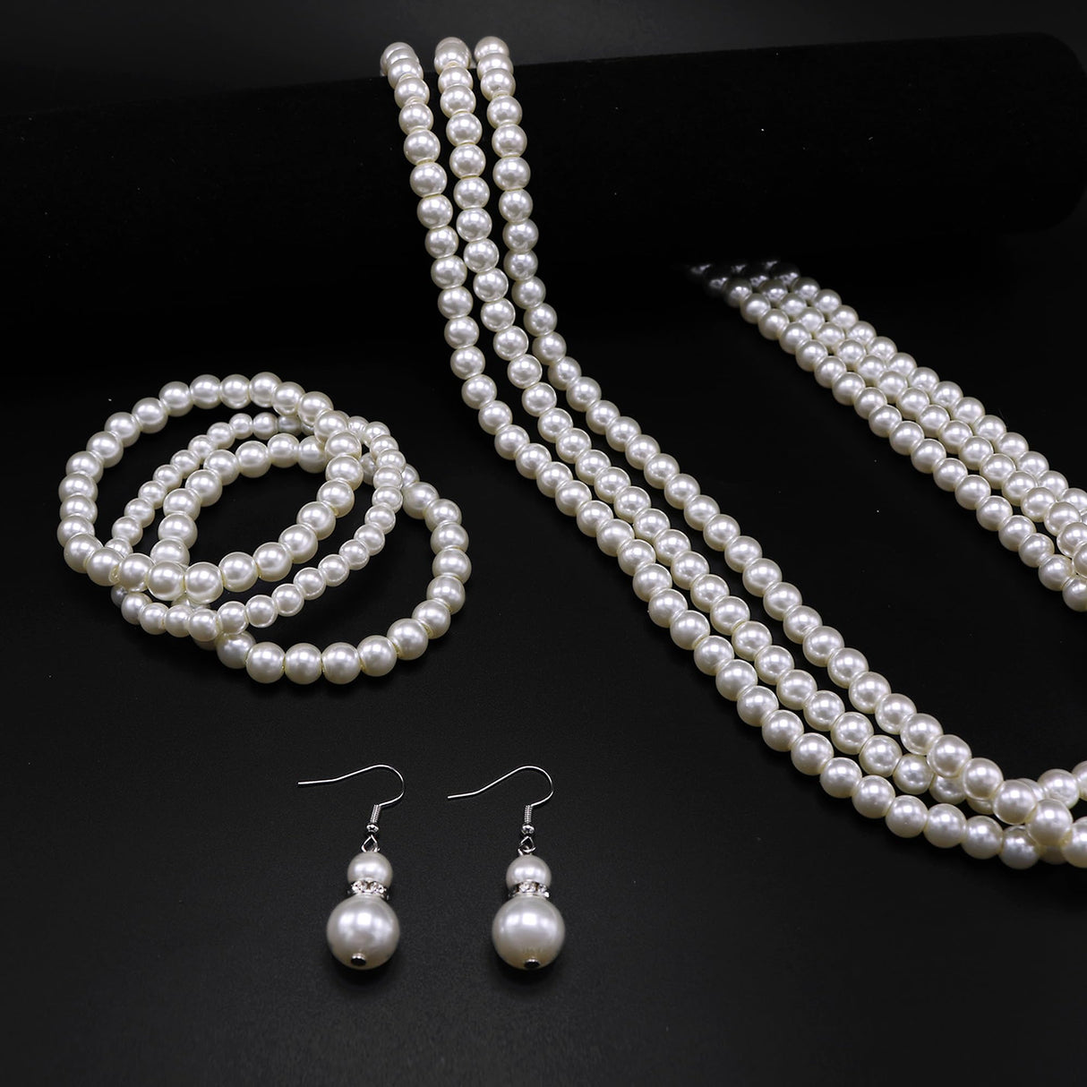 Long Pearl Necklace for Women Layered Cream White Faux Pearl Beads Strand Necklace Pear Stretch Bracelets Earring Costume Jewelry Set,3Pcs,Christmas Jewelry for Women