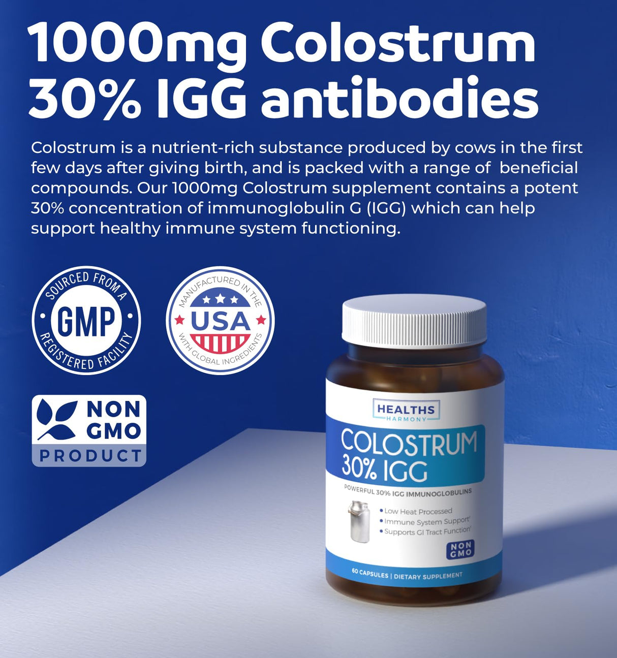 Bovine Colostrum for Women - Colostrum Supplement with 1,000mg per Serving and 30% IgG Immunoglobulins from First Milking - Low Heat Processed for Maximum Potency Non-GMO & Made in The US (1 Month)