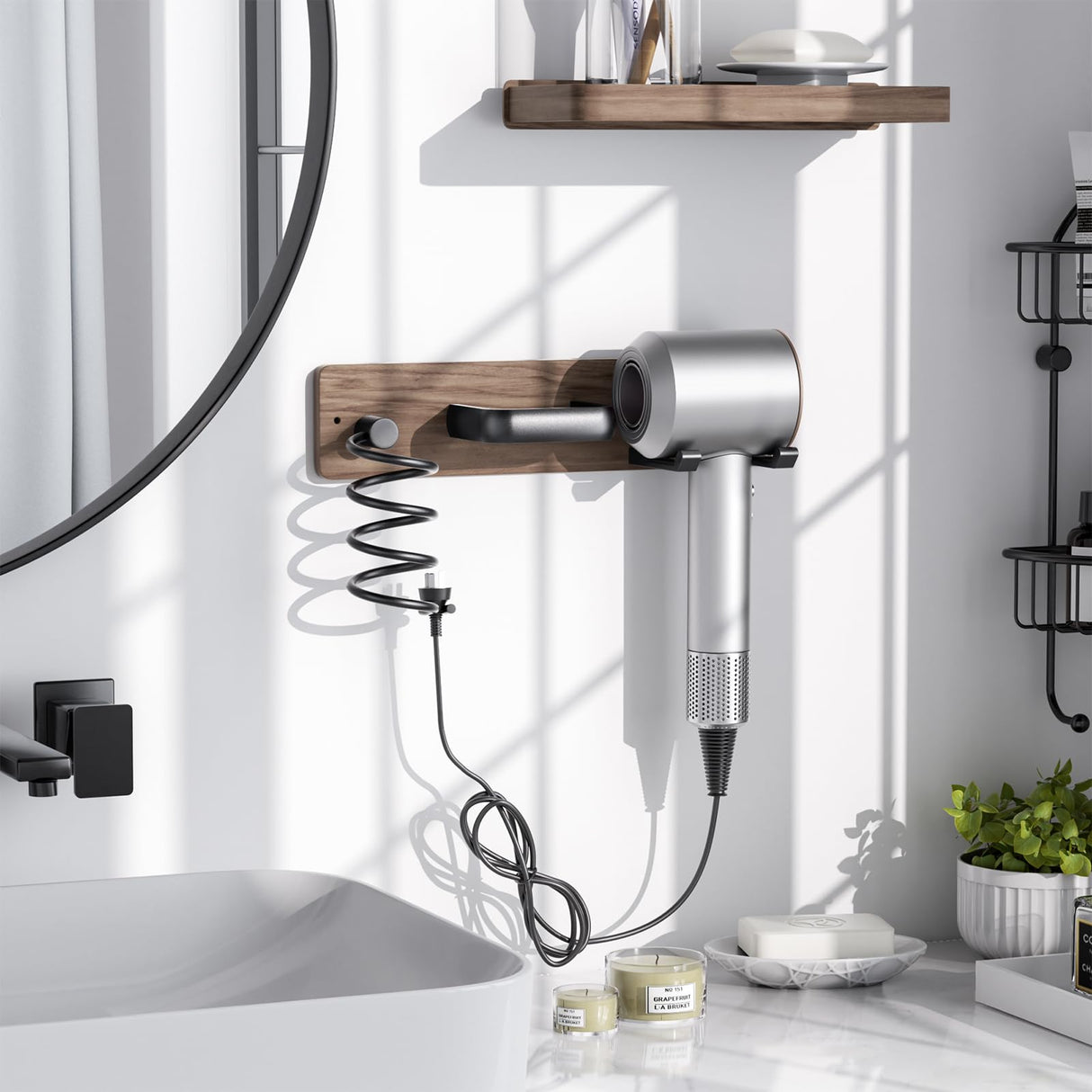 Tindbea Hair Dryer Holder Curling Iron Holder Flat Iron, Blow Dryer Holder Wall Mount, 3 in 1 Bathroom Hair Tool Organizer Rack for Universal Dryer, Walnut Matte Black