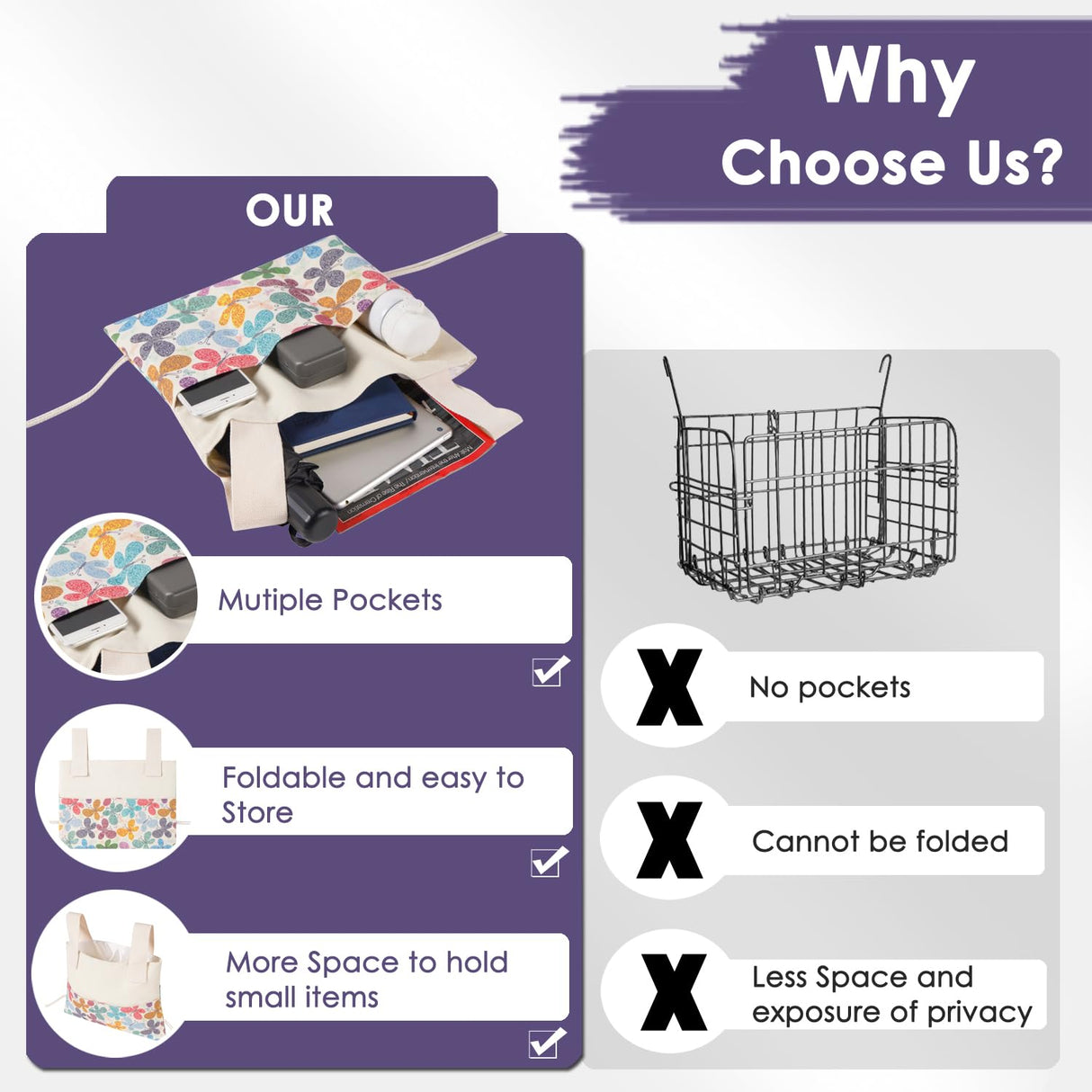 TOGETRUE Walker Bag, Handy Walker Basket with Water Cup Holder, Walker Accessories Storage Bag for Folding Walker, Wheelchairs, Strollers, 15"x11.5" (Butterfly)