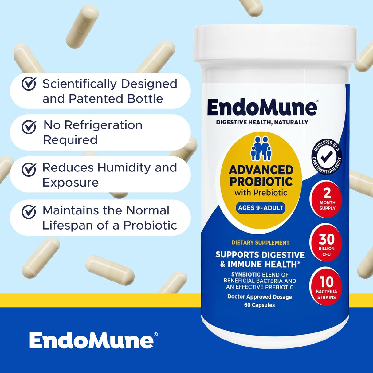 Endomune Advanced Adult Multi-Strain Probiotic Supplement with Prebiotic - 10 Strains, 30 Billion CFU - Physician Formulated (60-Count)