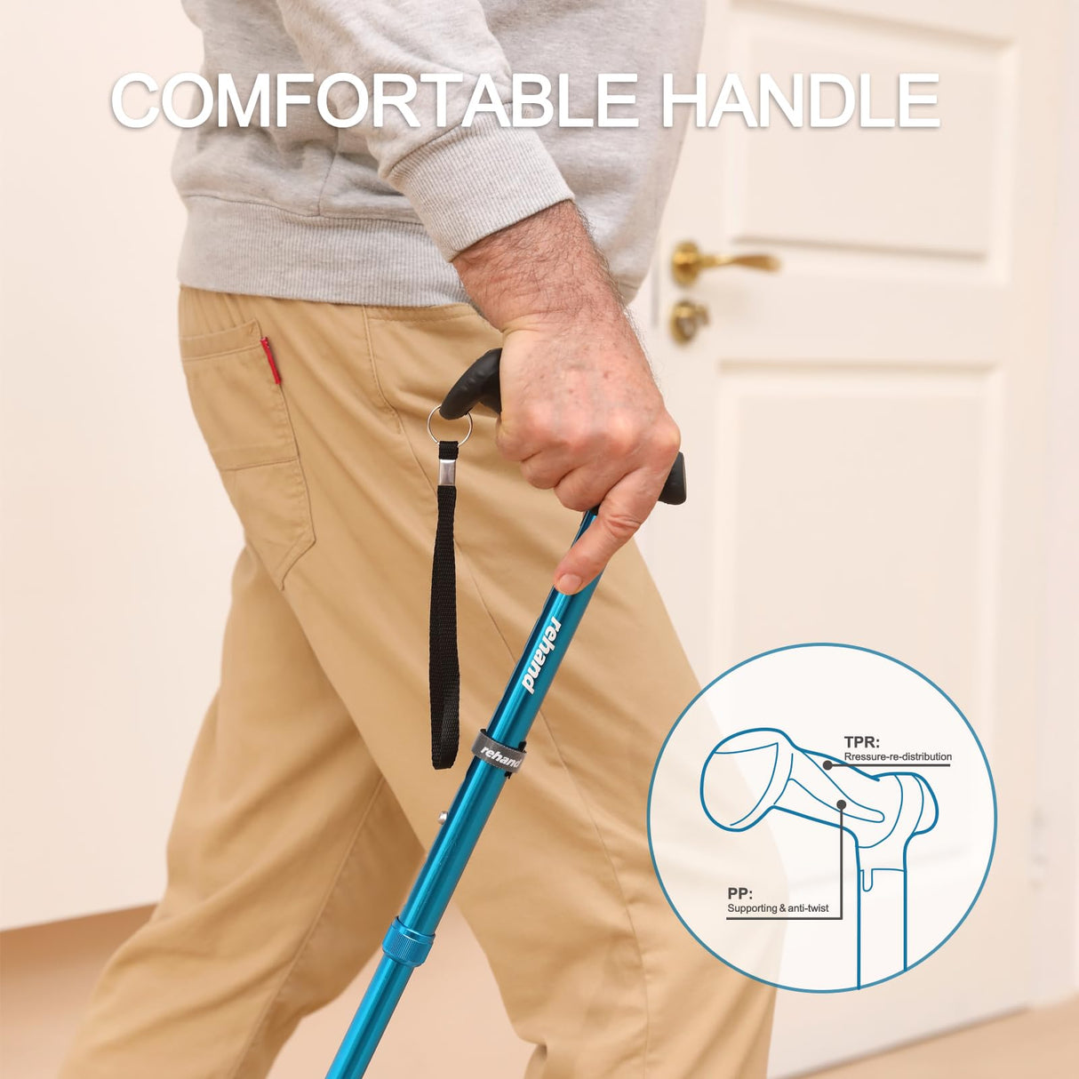REHAND Walking Cane for Men & Women - Foldable, Adjustable, Lightweight, Self Standing Pivot Walking Cane, Soft Handle Grip, with Travel Bag, Walking Sticks for Seniors & Adults (Blue)