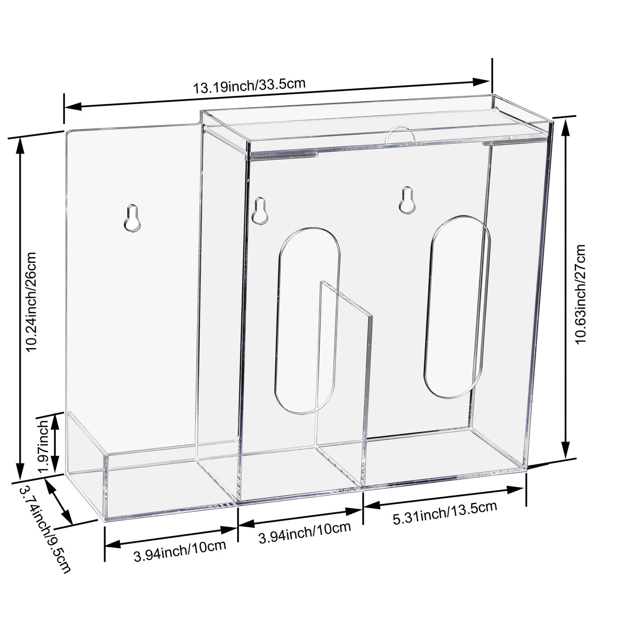 SEANADO Face Mask Dispenser 3 Compartment Acrylic Glove Box Holder Hygiene Station for Disposable Face Masks, Emesis Bag, Shoe Cover and Hairnet, Wall Mount Holes or Tabletop Holder (Clear)