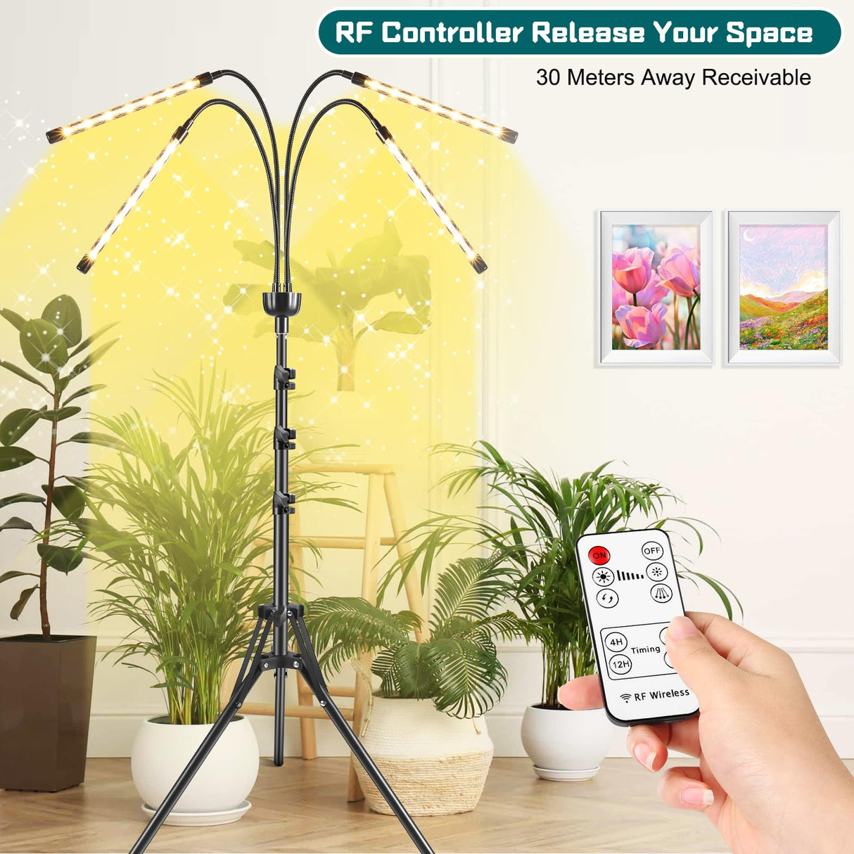 Grow Lights for Indoor Plants Yellow Light with 15-63 inches Adjustable Tripod Stand Plant Light with 4/8/12H Timer with Remote Control