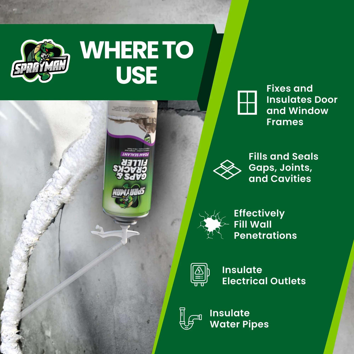 Sprayman Gaps and Cracks Filler Foam - Polyurethane Expanding Foam Sealant for Insulating Doors & Windows, Waterproof & Paintable, Straw Use - 12oz, 2 Pack