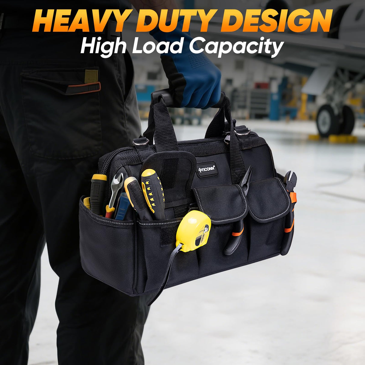 TICONN Heavy Duty Tool Bag with Multi-Pockets, Portable Tool Box Organizer Storage Bag, with Adjustable Shoulder Strap and Ergonomic Handle (Blue, 14" Standard Base)