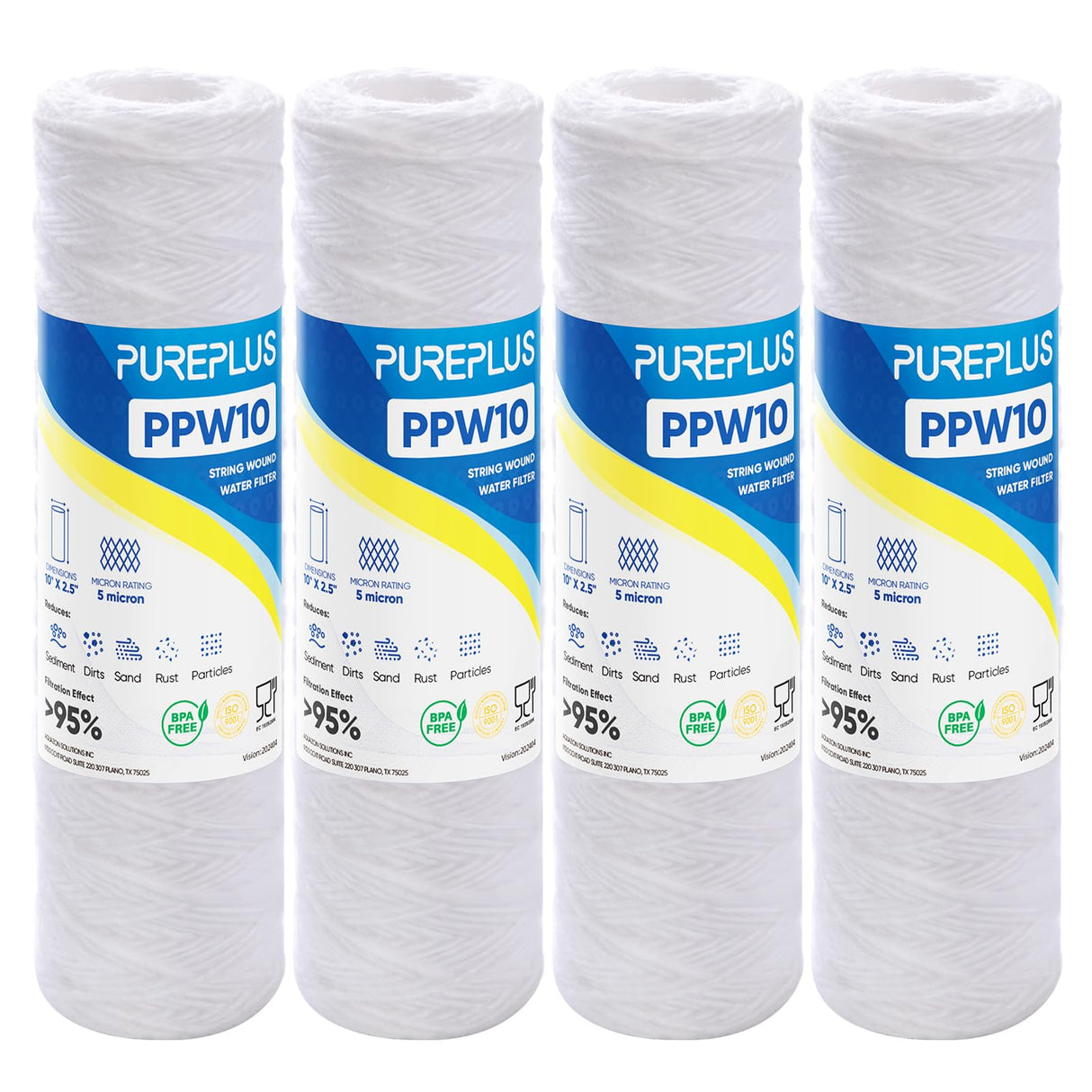 PUREPLUS 5 Micron 10"x2.5" Whole House String Wound Sediment Filter for Well Water, Replacement Cartridge for Universal 10 inch RO System, WP-5, Aqua-Pure AP110, CFS110, Culligan P5, WFPFC4002, 4Pack