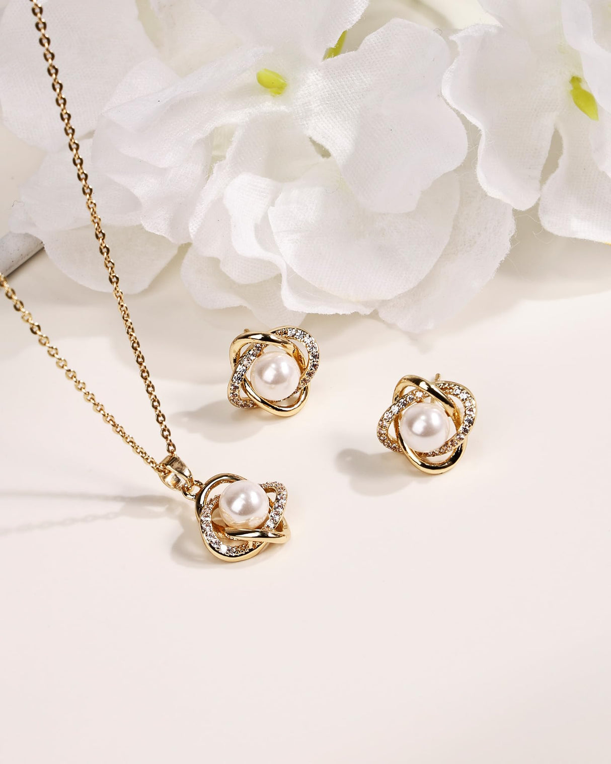 Teppdfann 14K Gold Plated Pearl Jewelry Set for Women - Matching Pearl Necklace and Earring Set with Wrapped Design, June Birthstone Jewelry Set for Gift