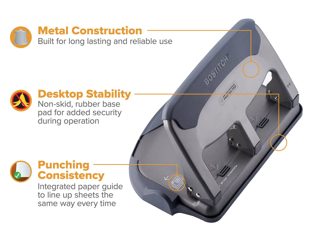 Bostitch Office EZ Squeeze 40 Sheet 3-Hole Punch, Heavy Duty (HP40AM), Silver