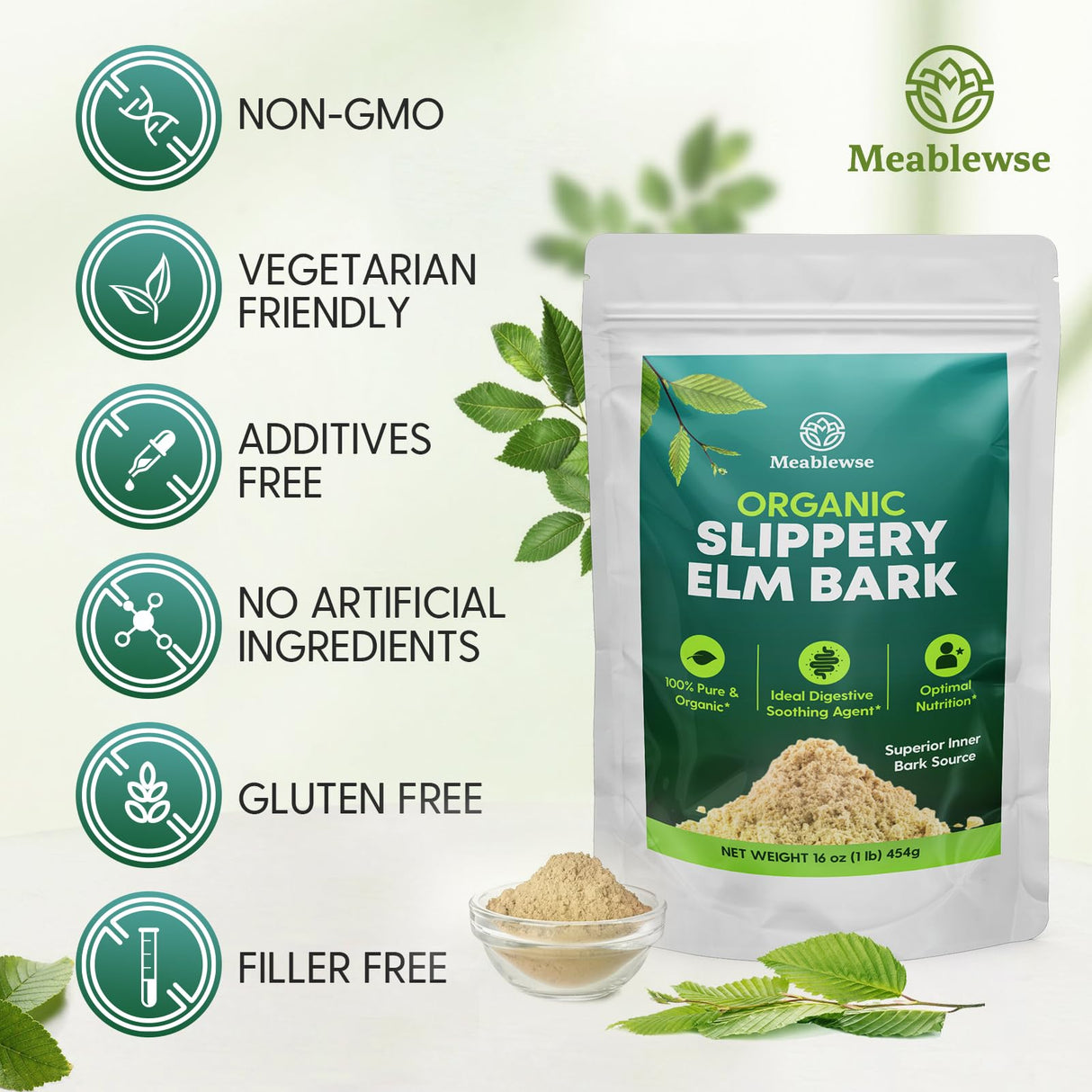 Slippery Elm, with Superior Inner Bark Source, Slippery Elm Bark Natural Herb for Soothing Throat* & Digestive, Diarrhea, Gut Health, 100% Pure & Vegan, Non-GMO, Made in The USA, 1 lb (349 Serving)